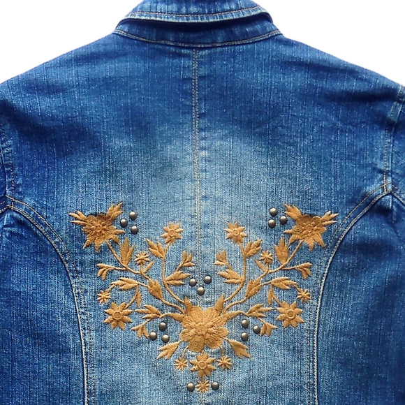 Blue Denim Jacket Embroidered Floral Jean Jacket Coat Blazer - Picture 2 of 7